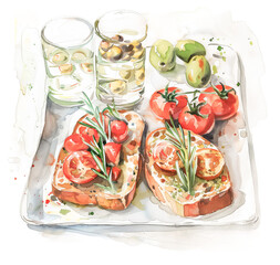 Watercolor tray with bread and tomatoes