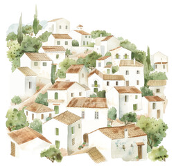 Hillside houses in a watercolor village