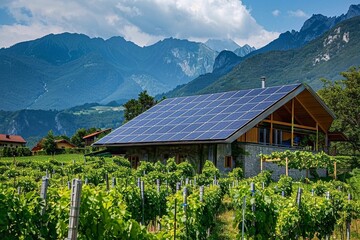 House with solar panels on the roof among the vineyards against the background of the mountains.