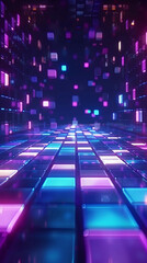 abstract background with blue and purple glowing squares. Digital backdrop for video, photo or presentation. Abstract dark illuminated disco dance floor with colorful lights.
