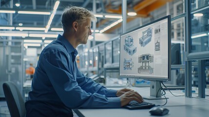 Engineer creating 3D models of machinery on a computer in a tech lab. illustrating innovation in industrial manufacturing.
