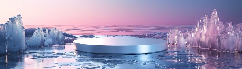 3D render of a hexagonal podium on reflective water, bordered by ice curtains in subdued pastels, for a modern and tranquil product display