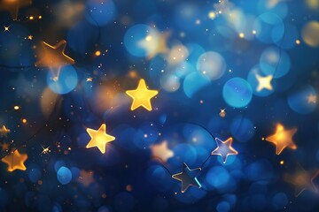 Abstract glitter background with stars, sparkles and golden bokeh lights on navy blue, glowing dust effect. Christmas, New Year, wedding design. Poster, banner, card. Shiny starry sky blurred backdrop