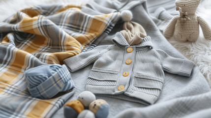 Baby clothes and accessories on grey plaid. Different
