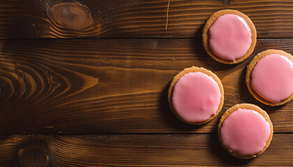 Freshly baked cookies with pink glaze on wooden table. Tasty food. Delicious snack. Baked goods.