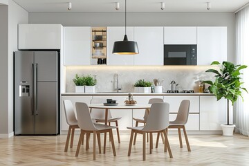Modern Kitchen Interior with Stylish Dining Area and Sleek Appliances