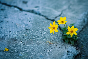 bright yellow flowers sprouting from cracked concrete, resilience and nature's persistence
