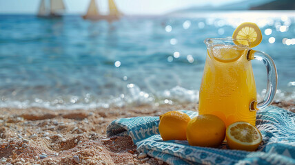 Pitcher of lemonade with lemons on beach