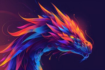 Abstract dragon design in a flat illustration style, composed of sharp angles and vibrant gradients on a dark canvas