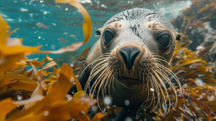 Seal surrounded by seaweed underwater.