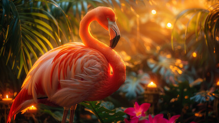 Flamingo in a tropical sunset setting.