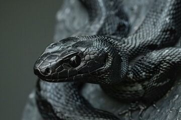 Close-up of a black snake on a black background, studio