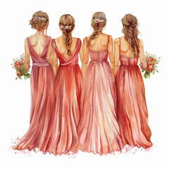 Watercolor illustration of bridesmaids in peach-colored dresses