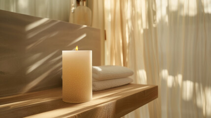 A lit candle on a wooden surface with towels
