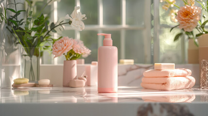 Pink skincare products on a table