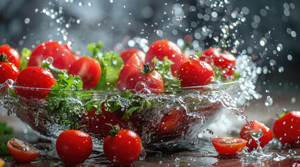 Many organic raw red tomato and lettuce  vegetables getting wet and cleaned for salad. Concept of healthy eating, vegetarian lifestyle, fresh food
