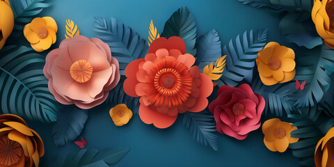 Schöne leuchtende bunte Blumen in abstrakter futuristischer Kunst aus Stoff und Papier als Hintergrund für Webdesign und Drucksachen als Vorlage in Querformat für Banner, ai generativ