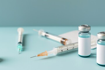 Syringe and glass vial on blue background table. Medical Vials group, needles, ampoules, bottle with medicines or vaccine. Disease treatment. Creative Banner. Anti-aging beauty injections. Vaccination