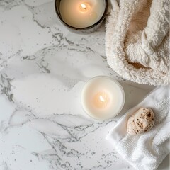 The spa background features a serene white cloth flickering candle and body pumice stone all set against a beautiful and clean pattern, Generated by AI