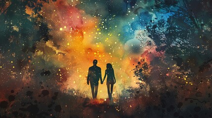 Capture a serene moment with intertwined hands, a silhouette against a starlit sky, blending watercolor textures and digital effects for a dreamy ambiance