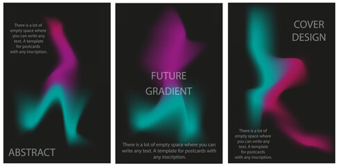 Set Gradient Posters Cover Design. Future Tachnology banner collection with 3D Silk Texture. Playful vector concept for Music, Science, Corporate in trend 90s style.