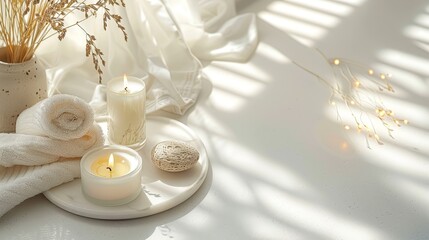 The serene spa image showcases a stunning white cloth lit candle and body pumice stone on a clean and beautiful pattern, Generated by AI