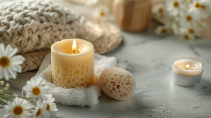 This spa background image showcases a serene white cloth flickering candle and body pumice stone all against a beautiful and clean pattern, Generated by AI