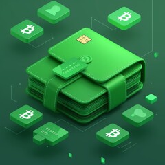Obraz premium A 3D rendering of a green digital wallet with a credit card inside of it. The wallet is surrounded by green and blue icons.