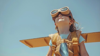 Future Pilot. A child soars with a cardboard airplane in hand. their dreams taking flight against a clear sky. embodying aspirations of aviation adventures.