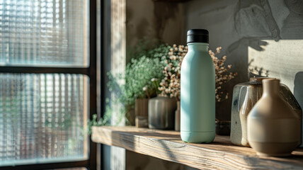Turquoise water bottle on a wooden shelf
