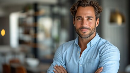 Happy young smiling confident professional business man wearing blue shirt, pretty stylish male executive looking at camera, standing arms crossed at grey background concept.