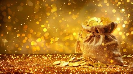 A bag of gold coins with a golden background