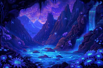 Fototapeta premium A beautiful painting of a bio-luminescent alien planet with glowing mushrooms and flowers.