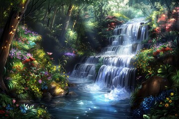 Obraz premium A beautiful painting of a waterfall in a magical forest, with colorful flowers and glowing mushrooms.