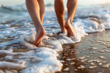 A person walking barefoot on the beach, with their feet in the water as waves gently wash over their toes