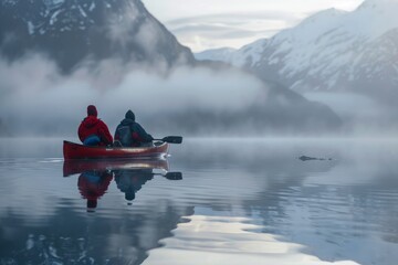 Two individuals paddling a canoe on a lake with mountains in the background, showcasing determination and adventure