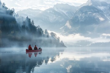 Two determined people paddle a canoe on a lake surrounded by mountains, showcasing teamwork and adventure