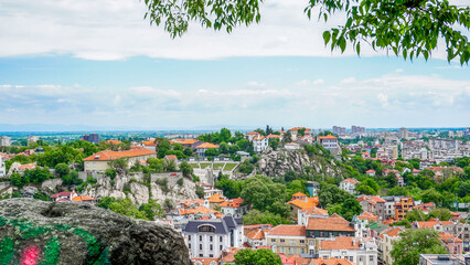 Panoramic view from Danov Hill to Dzhambaz Tepe and the Ancient Theatre in Plovdiv, Bulgaria.