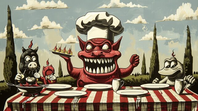 A cartoon of the devil serving food to a pig and a frog at a dinner table.