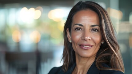 Headshot close up portrait of latin hispanic confident mature good looking middle age leader, ceo female businesswoman on blur office background. Gorgeous beautiful business woman smiling at camera