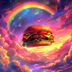 A digital painting of a floating hamburger flying
