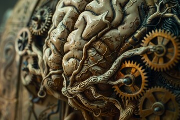 Detailed close-up of a clock featuring intricate gears and cogs, illustrating the internal mechanisms of timekeeping