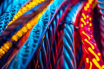 Close-up view of a bunch of colorful wires and neon tubes, showcasing intricate details of futuristic lighting installations against a dark background