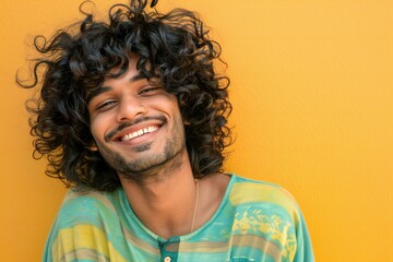 Portrait of a smiling latin man with curly hair against yellow background