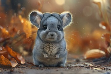 Gray chinchilla sitting on the ground in the autumn forest