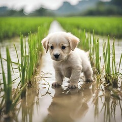  cute little puppy is playing in the middle of a rice field in the countryside.