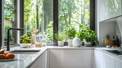 A kitchen with a window and a sink. There are several potted plants and bowls on the counter