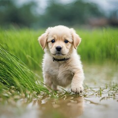  cute little puppy is playing in the middle of a rice field in the countryside.