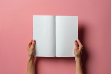 A person standing, holding an open book in front of them against a pink background
