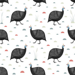 Fun Helmeted guinea fowls seamless pattern